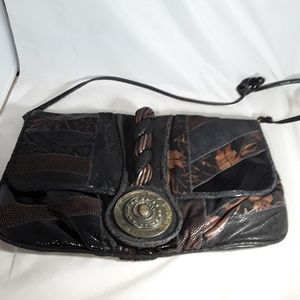 OHH! ASHLEY Black Gold Leather Purse Bag Patchwork Braided Medallion Vintage